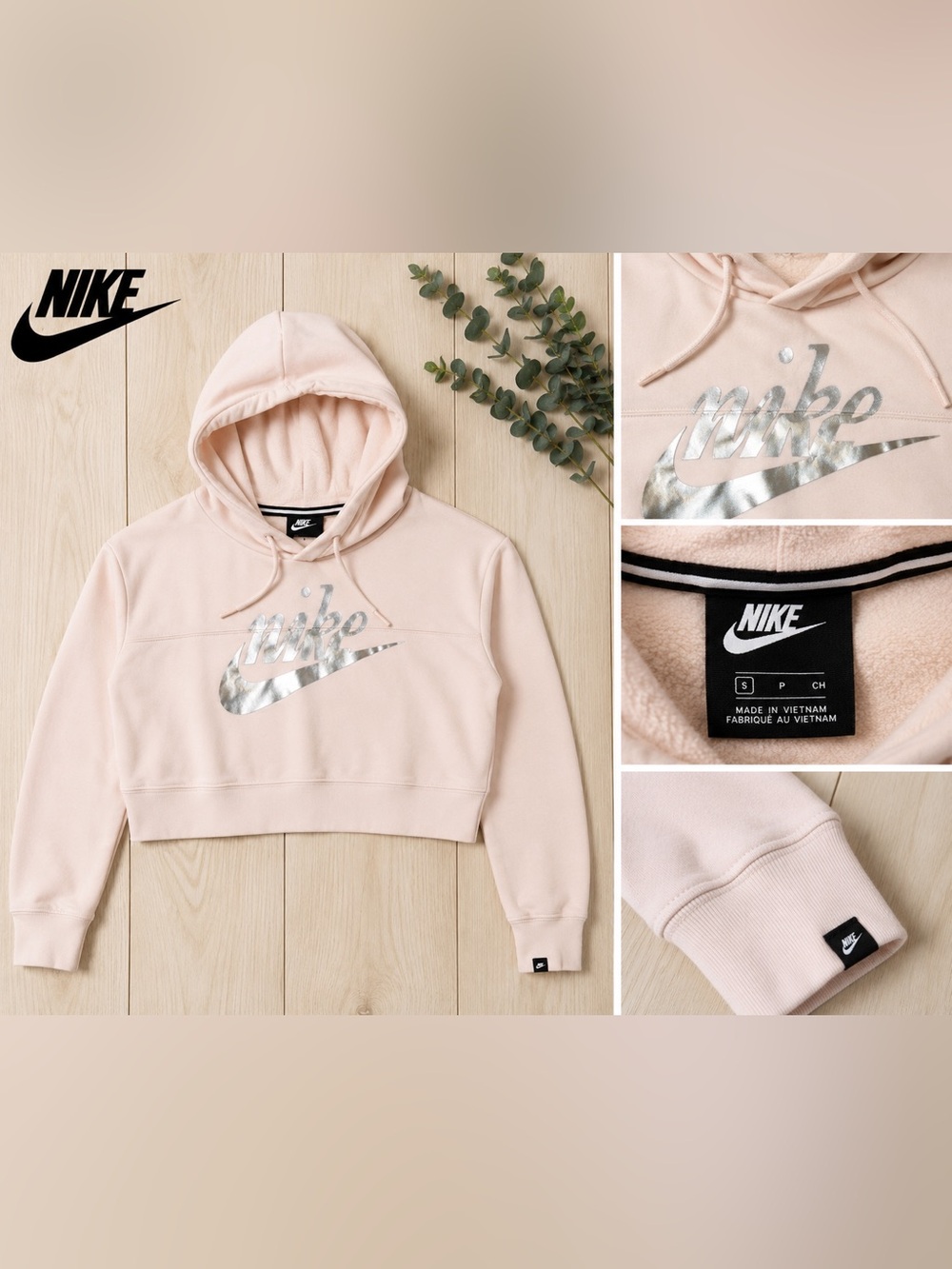 Nike Cropped Hoodie Pink Metallic Logo Fleece Pullover Sweatshirt Women’s S